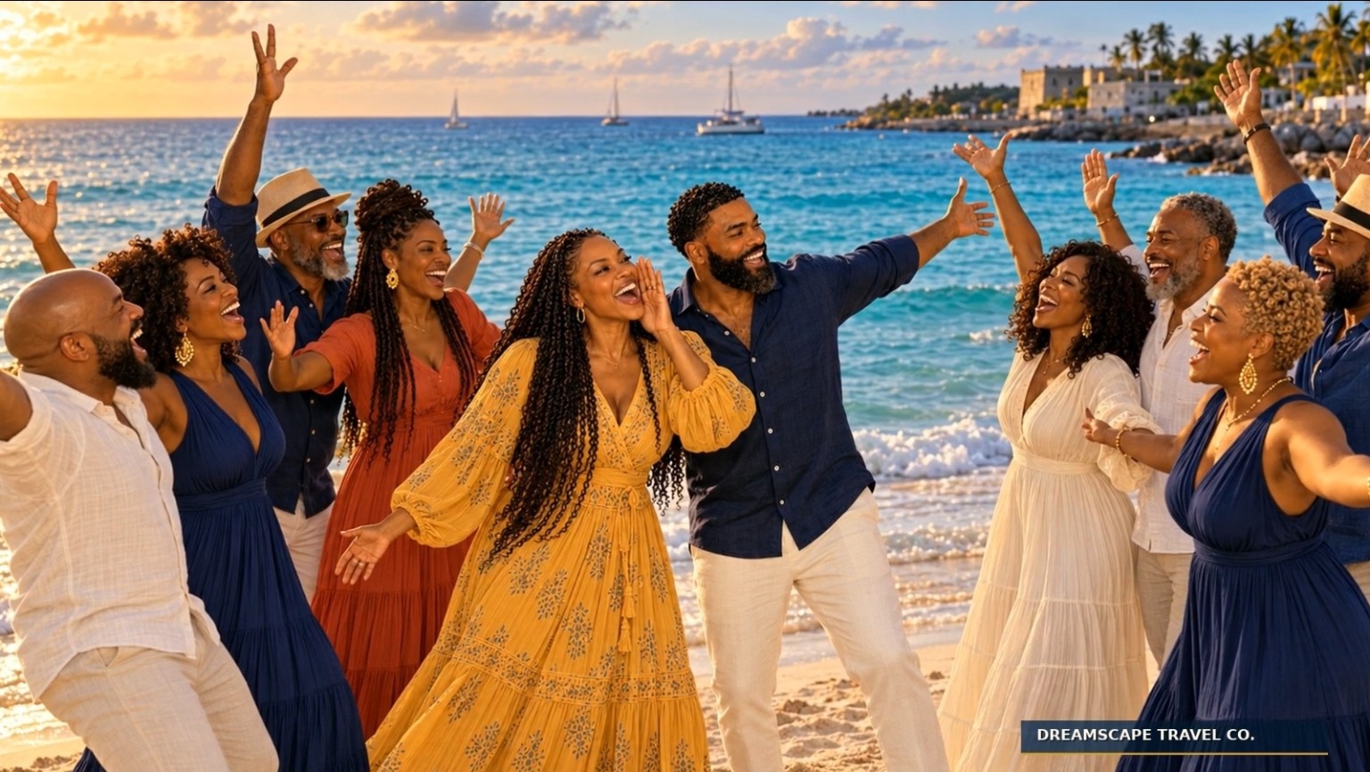 Velvet and Blue celebrating with friends on the beach at sunset for Paradise Is Calling.